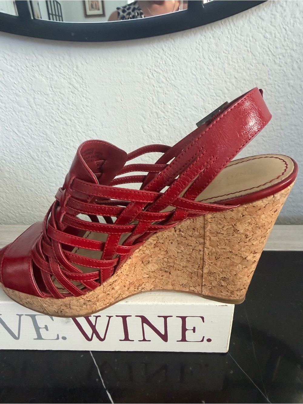 Enzo Angiolini "Vanida" Red Leather Woven Strappy Cork Wedge Sandals - Picture 4 of 9